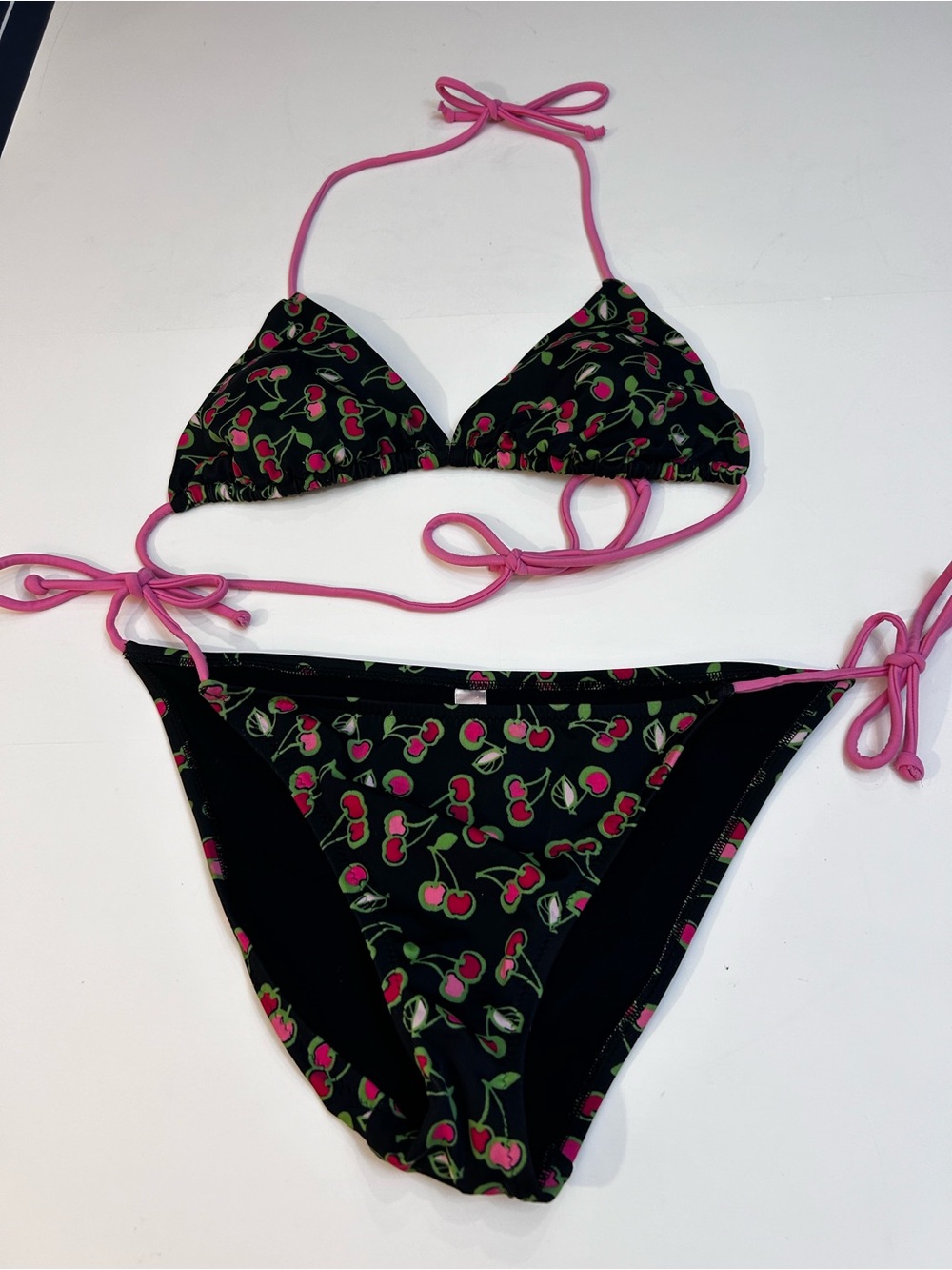 Victoria's Secret Black Bikini Top with Pink Straps and Green Accents